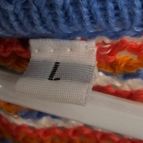 Crewneck Sweater Crochet Knit Orange Blue Striped Boho Colorful L - Picture 8 of 10